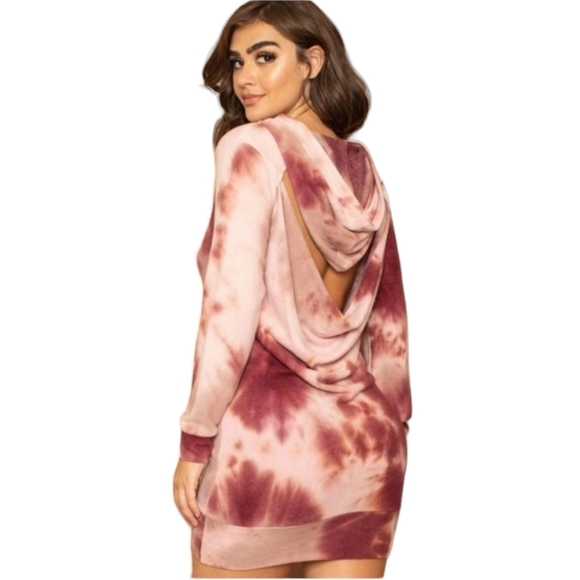 Boutique Tie Dye Hoodie Long Sleeve Sweatshirt Burgundy Red Multicolor - Picture 2 of 11